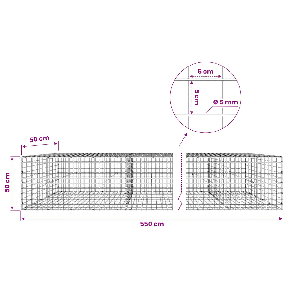 Gabion s 5 mm žicom i mrežom 5x5 cm 550x50x50 cm