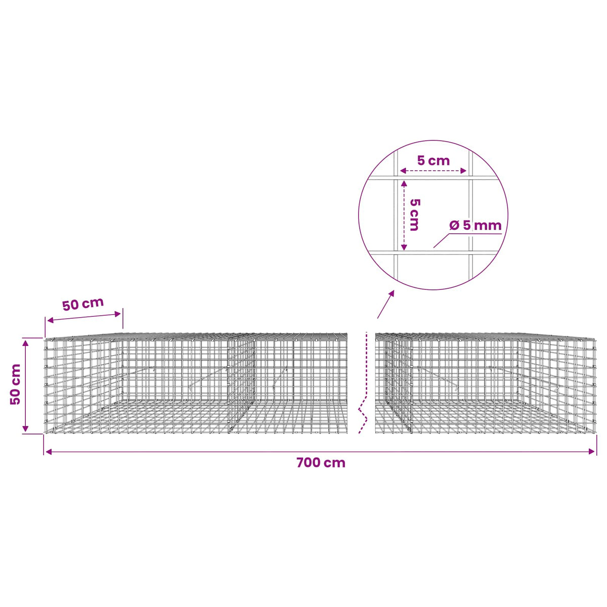 Gabion s 5 mm žicom i mrežom 5x5 cm 700x50x50 cm
