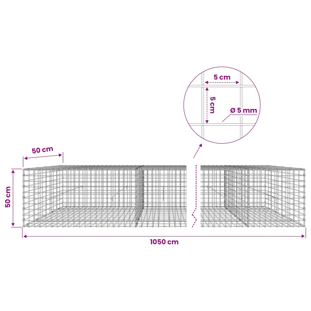 Gabion s 5 mm žicom i mrežom 5x5 cm 1050x50x50 cm