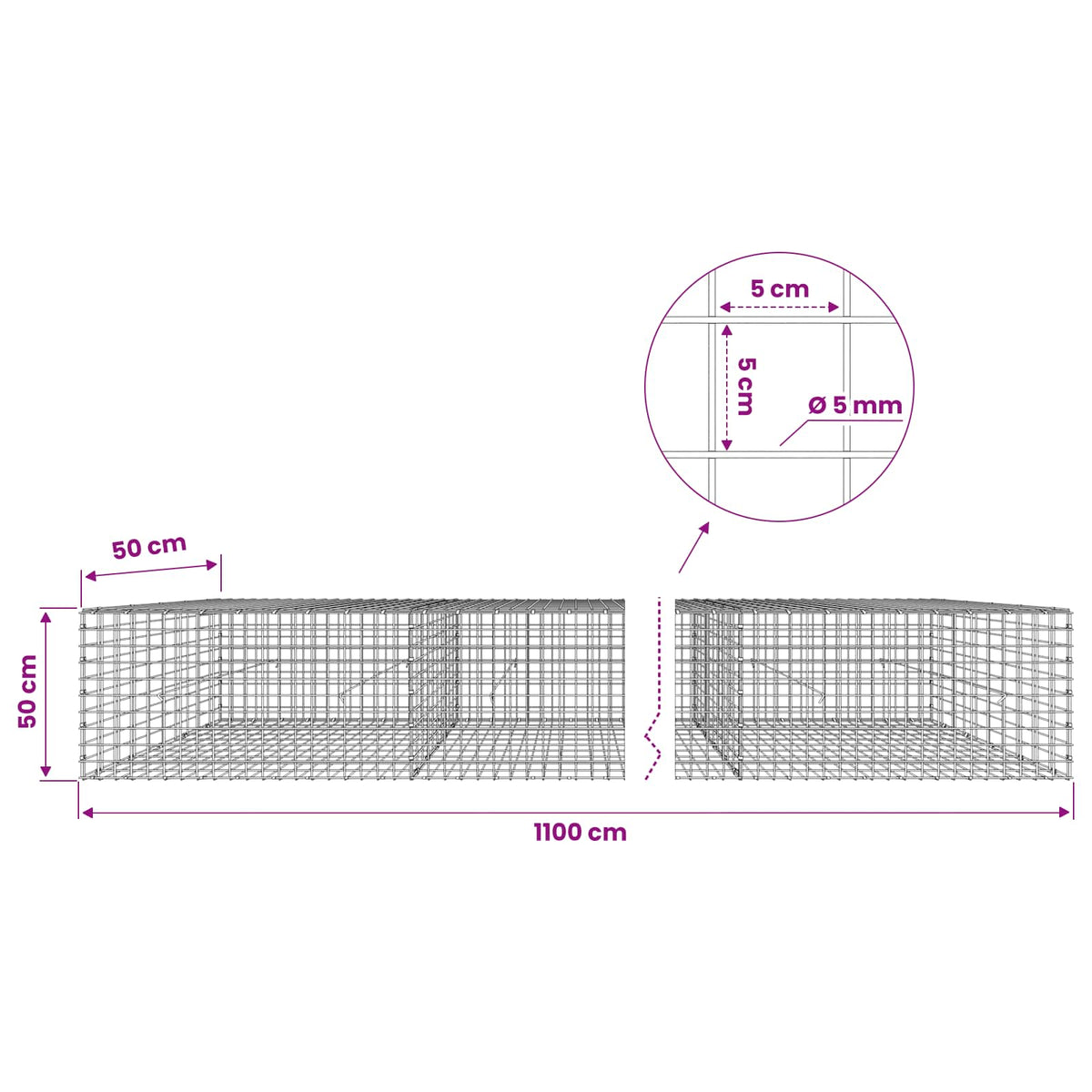 Gabion s 5 mm žicom i mrežom 5x5 cm 1100x50x50 cm