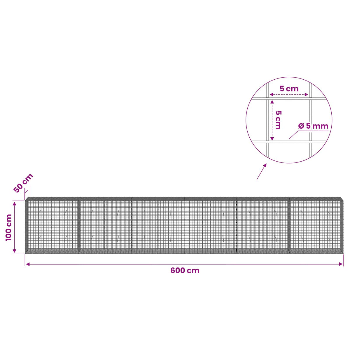 Gabion s 5 mm žicom i mrežom 5x5 cm 600x50x100 cm