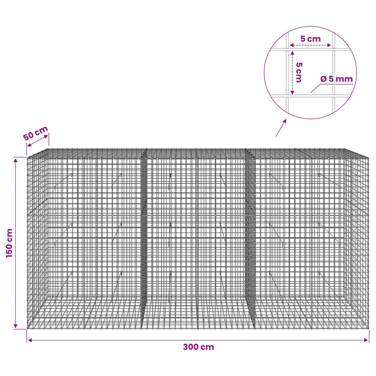 Gabion s žicom debljine 5 mm i mrežom 5x5 cm 300x50x150 cm