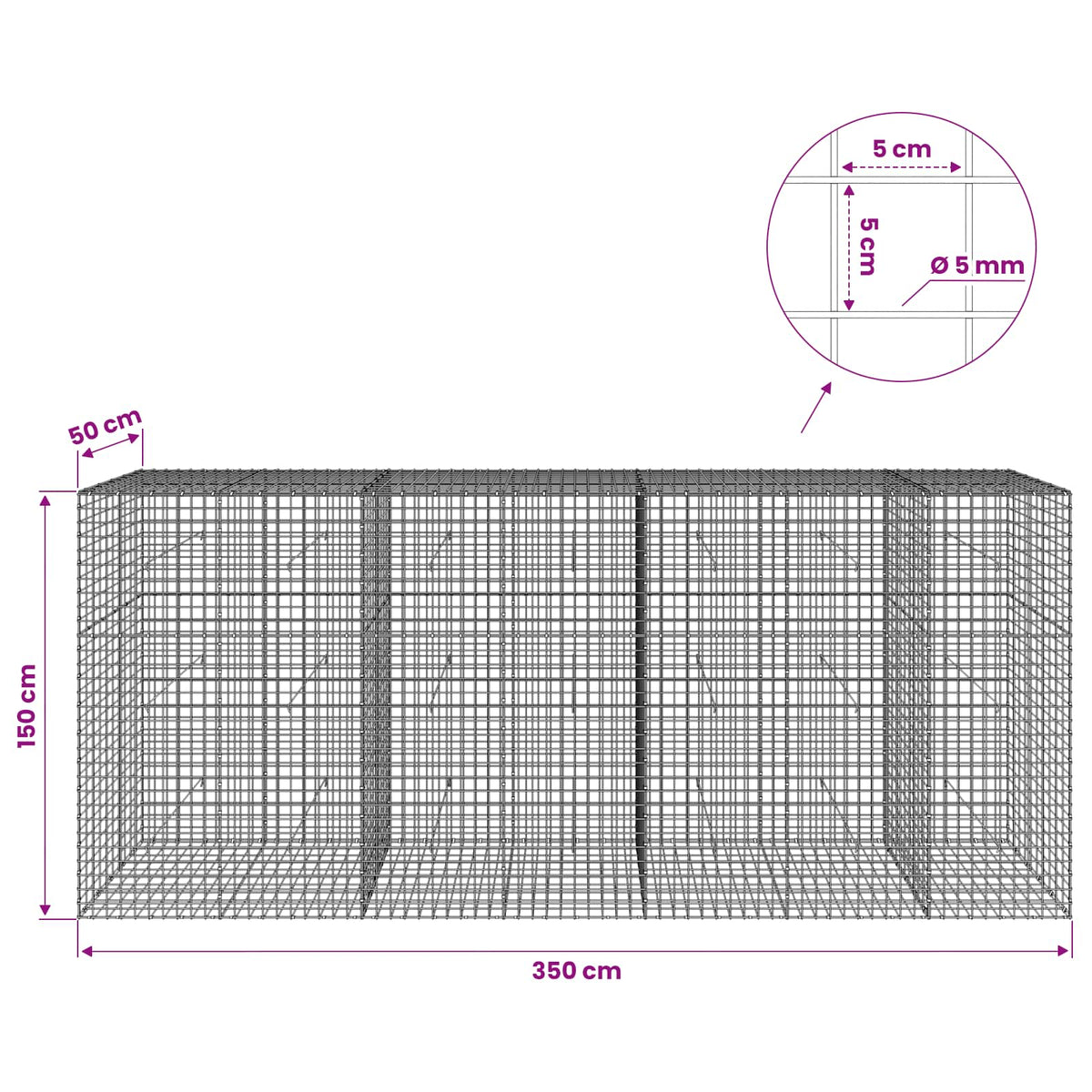 Gabion s 5 mm žicom i mrežom 5x5 cm 350x50x150 cm