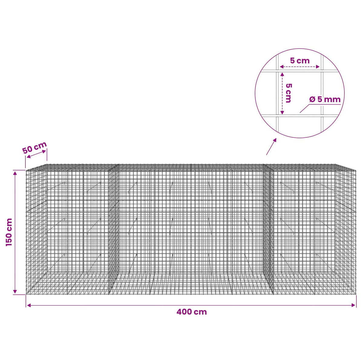 Gabion s 5 mm žicom i mrežom 5x5 cm 400x50x150 cm