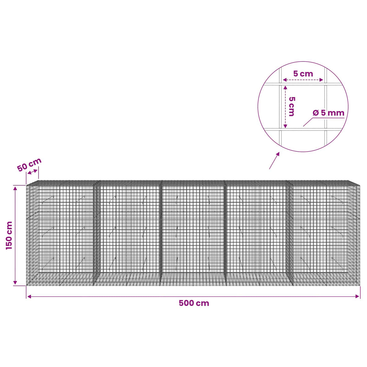 Gabion s 5 mm žicom i mrežom 5x5 cm 500x50x150 cm