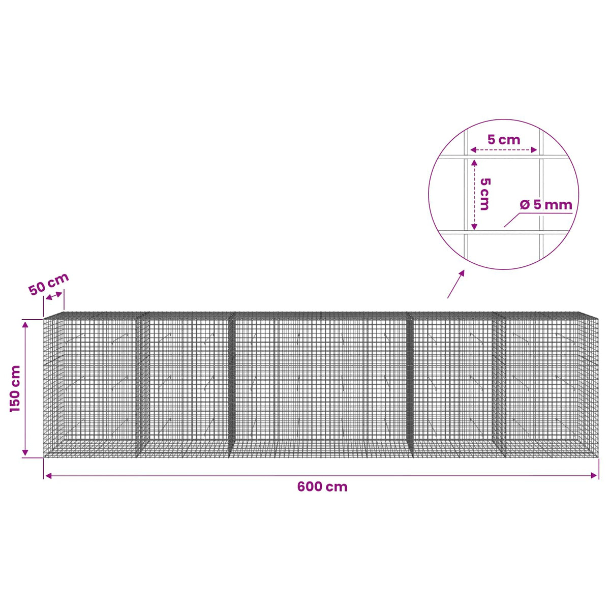 Gabion s 5 mm žicom i mrežom 5x5 cm 600x50x150 cm