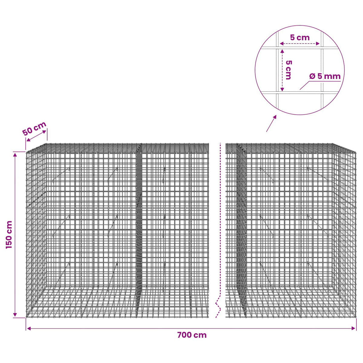 Gabion s 5 mm žicom i mrežom 5x5 cm 700x50x150 cm