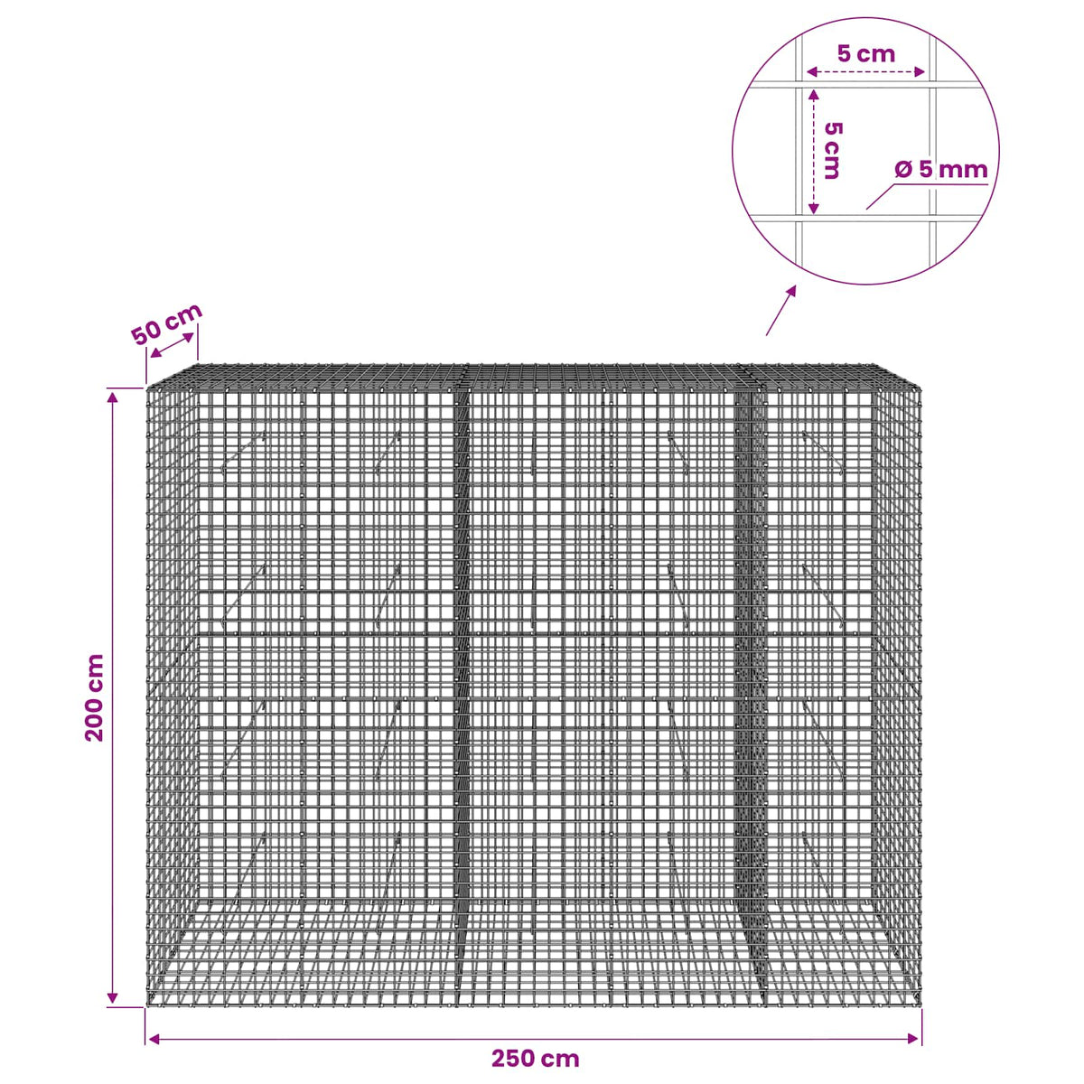 Gabion s 5 mm žicom i mrežom 5x5 cm 250x50x200 cm