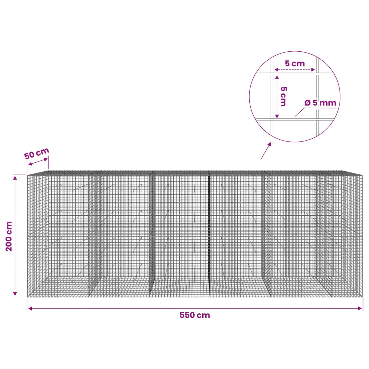 Gabion s 5 mm žicom i mrežom 5x5 cm 550x50x200 cm