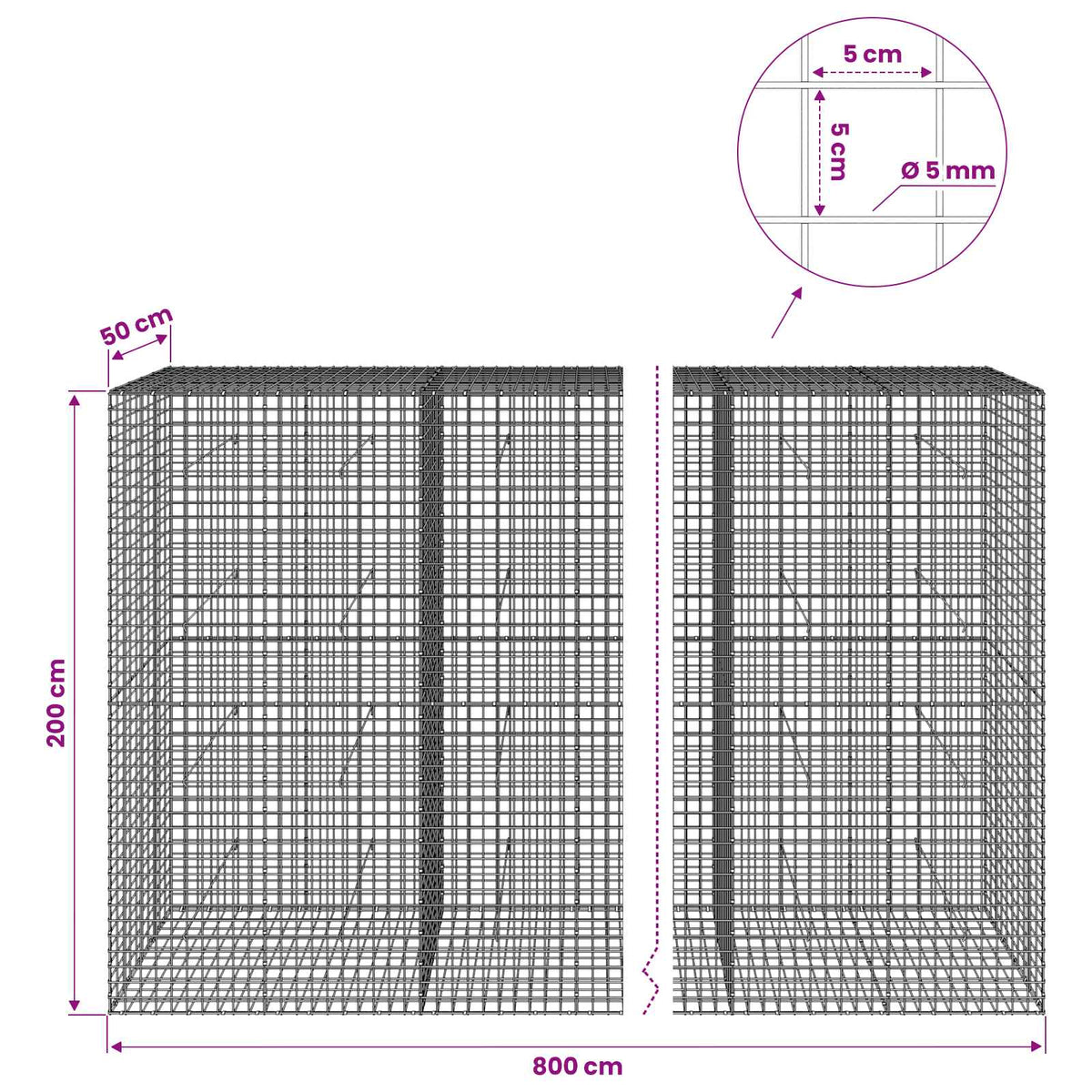 Gabion s 5 mm žicom i mrežom 5x5 cm 800x50x200 cm