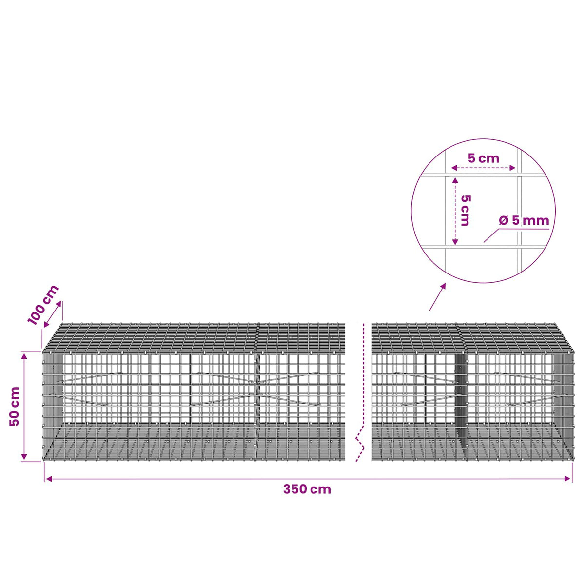 Gabion s 5 mm žicom i mrežom 5x5 cm 350x100x50 cm