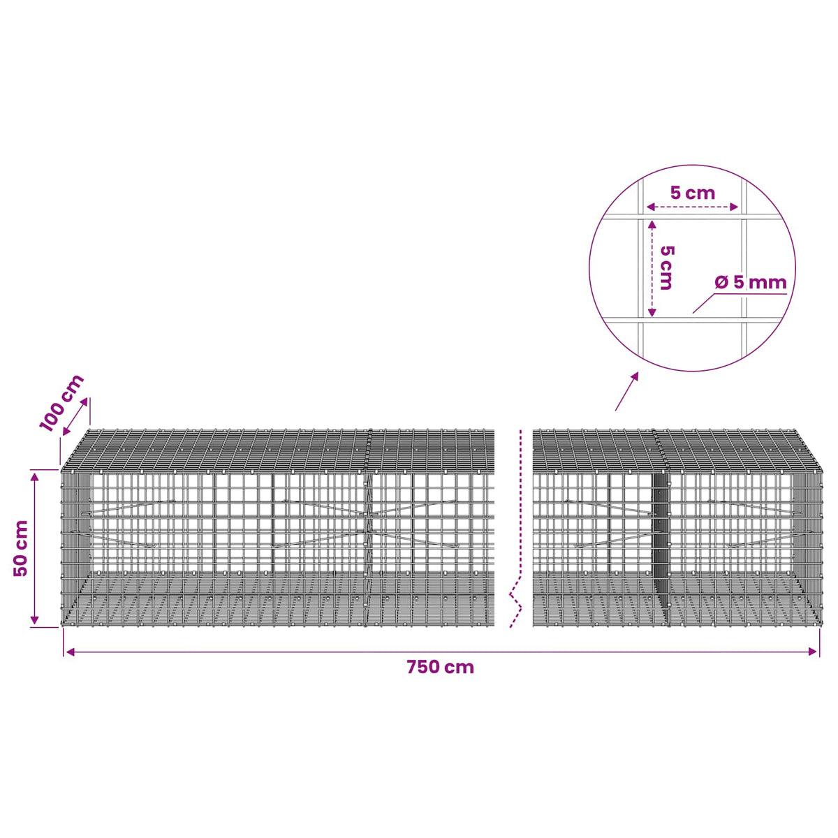 Gabion s žicom debljine 5 mm i mrežom 5x5 cm 750x100x50 cm
