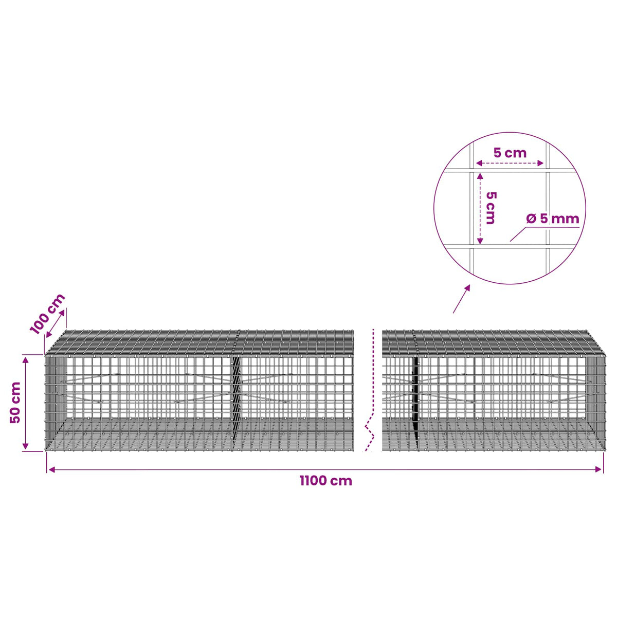 Gabion s 5 mm žicom i mrežom 5x5 cm 1100x100x50 cm