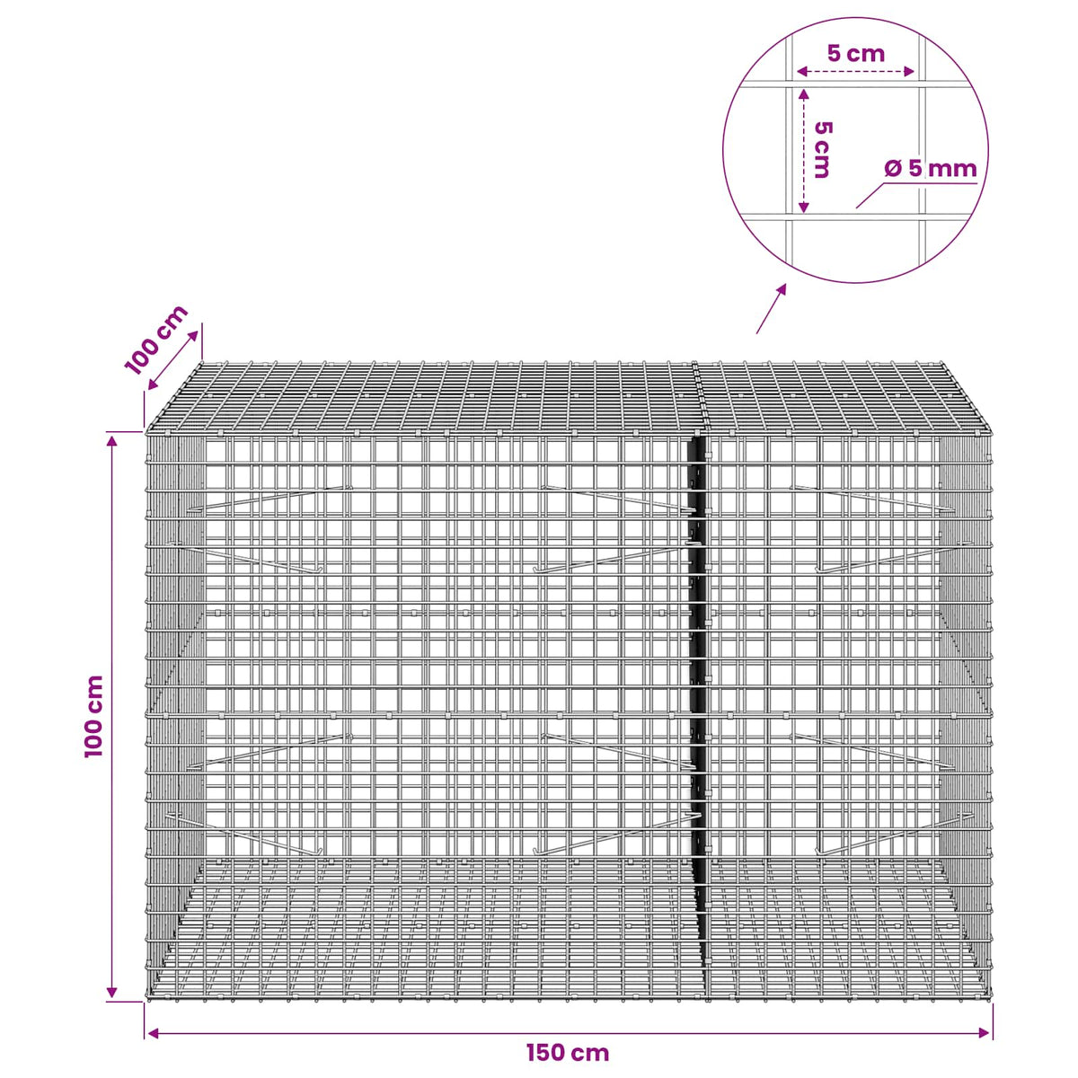 Gabion s 5 mm žicom i mrežom 5x5 cm 150x100x100 cm