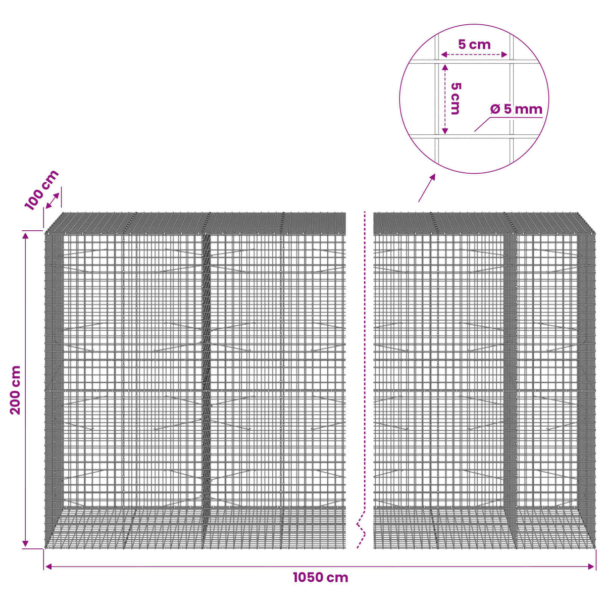 Gabion s 5 mm žicom i mrežom 5x5 cm 1050x100x200 cm