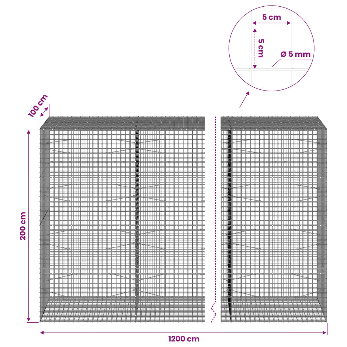 Gabion s 5 mm žicom i mrežom 5x5 cm 1200x100x200 cm