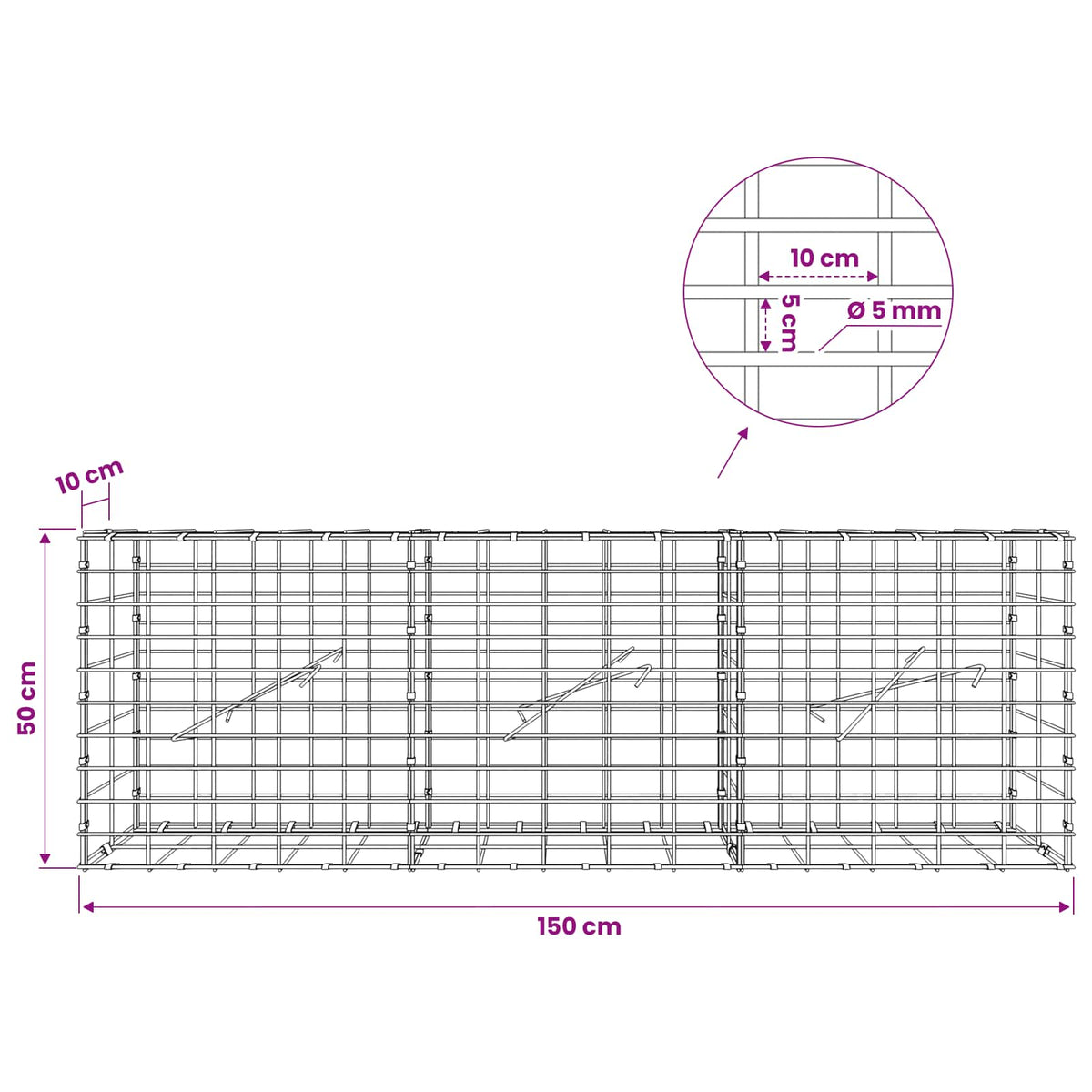 Gabion s žicom debljine 5 mm i mrežom 5x10 cm 150x10x50 cm