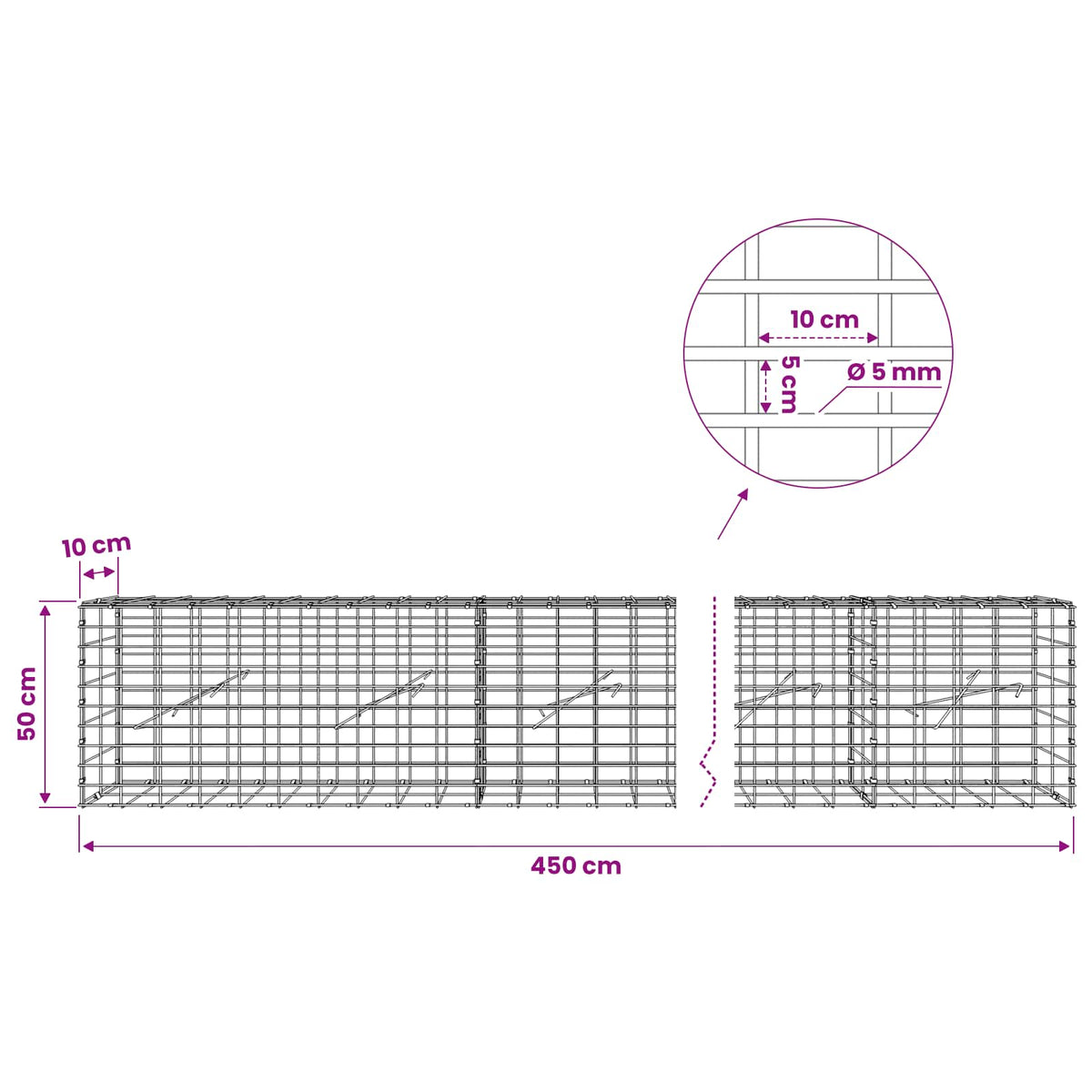 Gabion s žicom debljine 5 mm i mrežom 5x10 cm 450x10x50 cm