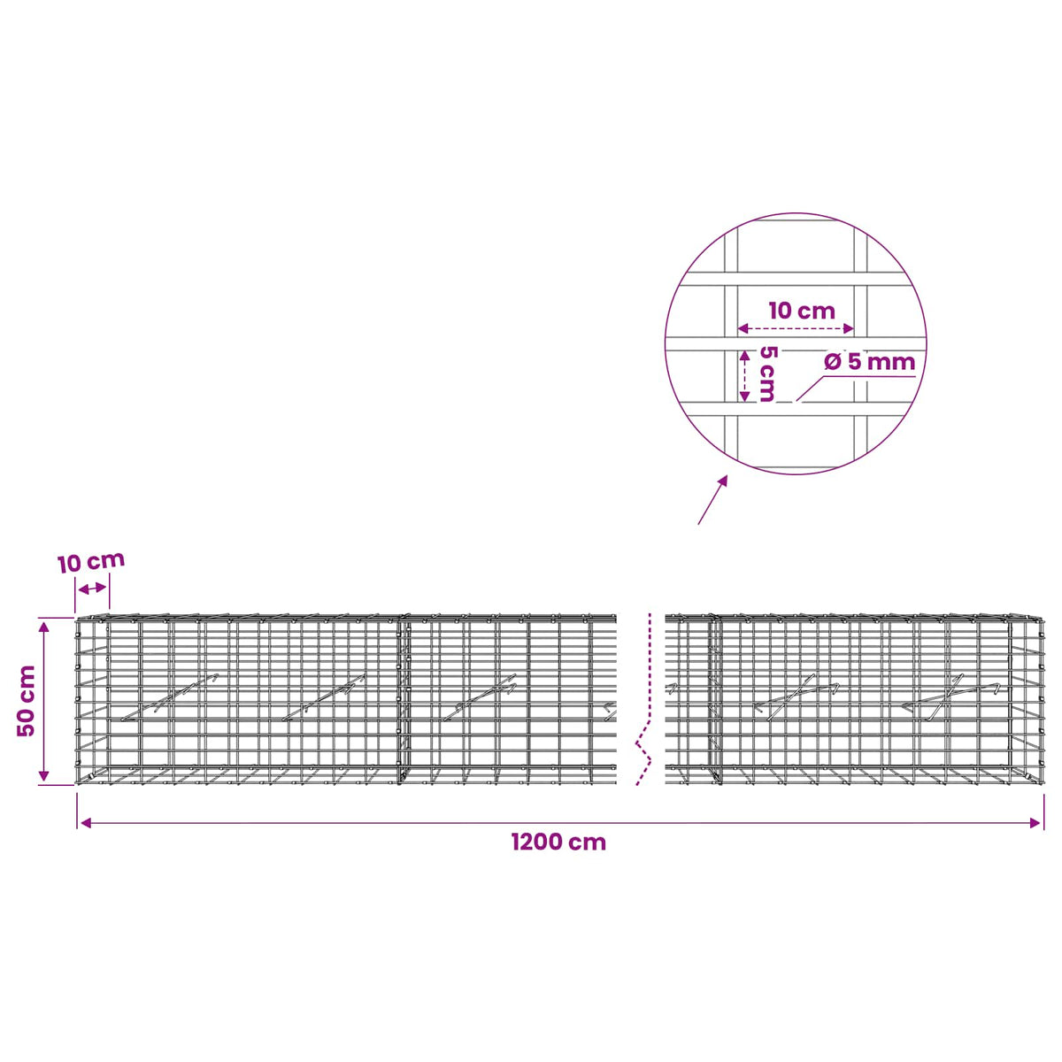 Gabion s žicom debljine 5 mm i mrežom 5x10 cm 1200x10x50 cm