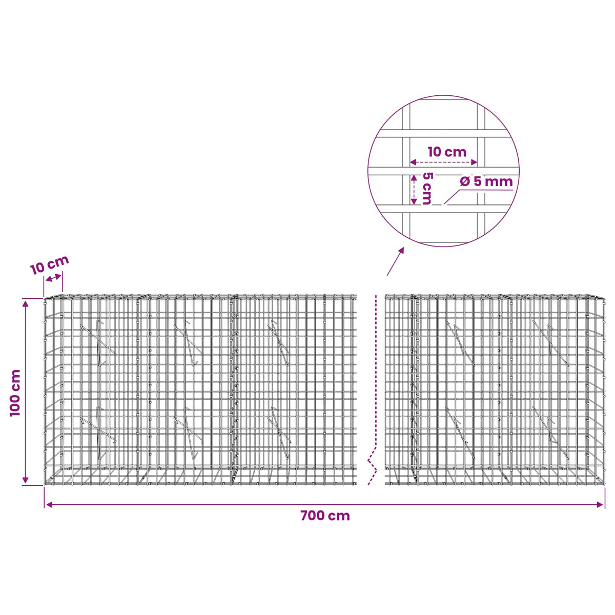 Gabion s žicom debljine 5 mm i mrežom 5x10 cm 700x10x100 cm