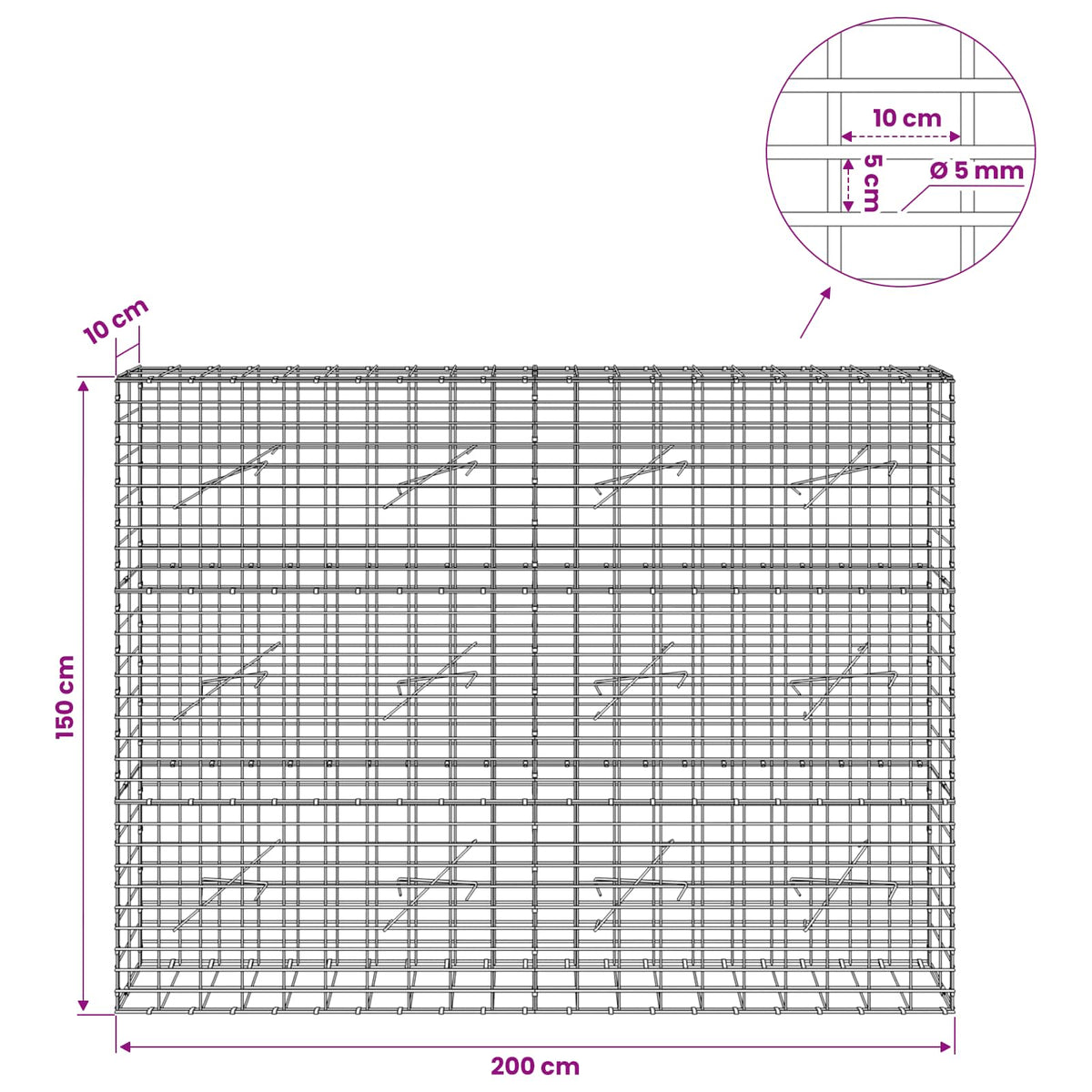 Gabion s žicom debljine 5 mm i mrežom 5x10 cm 200x10x150 cm