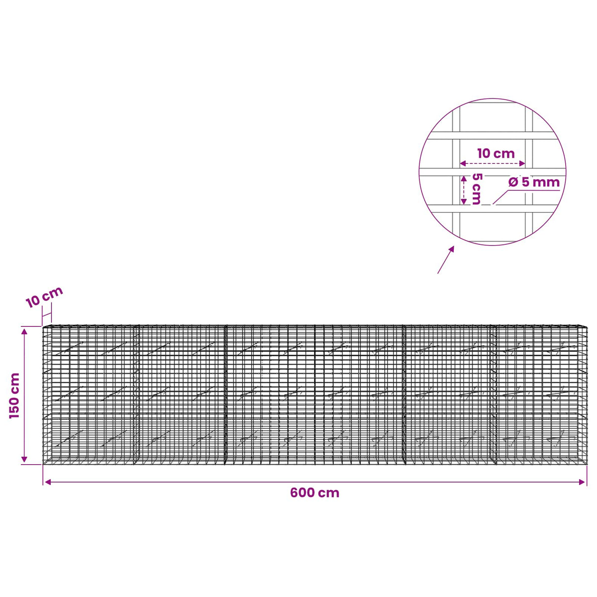 Gabion s žicom debljine 5 mm i mrežom 5x10 cm 600x10x150 cm
