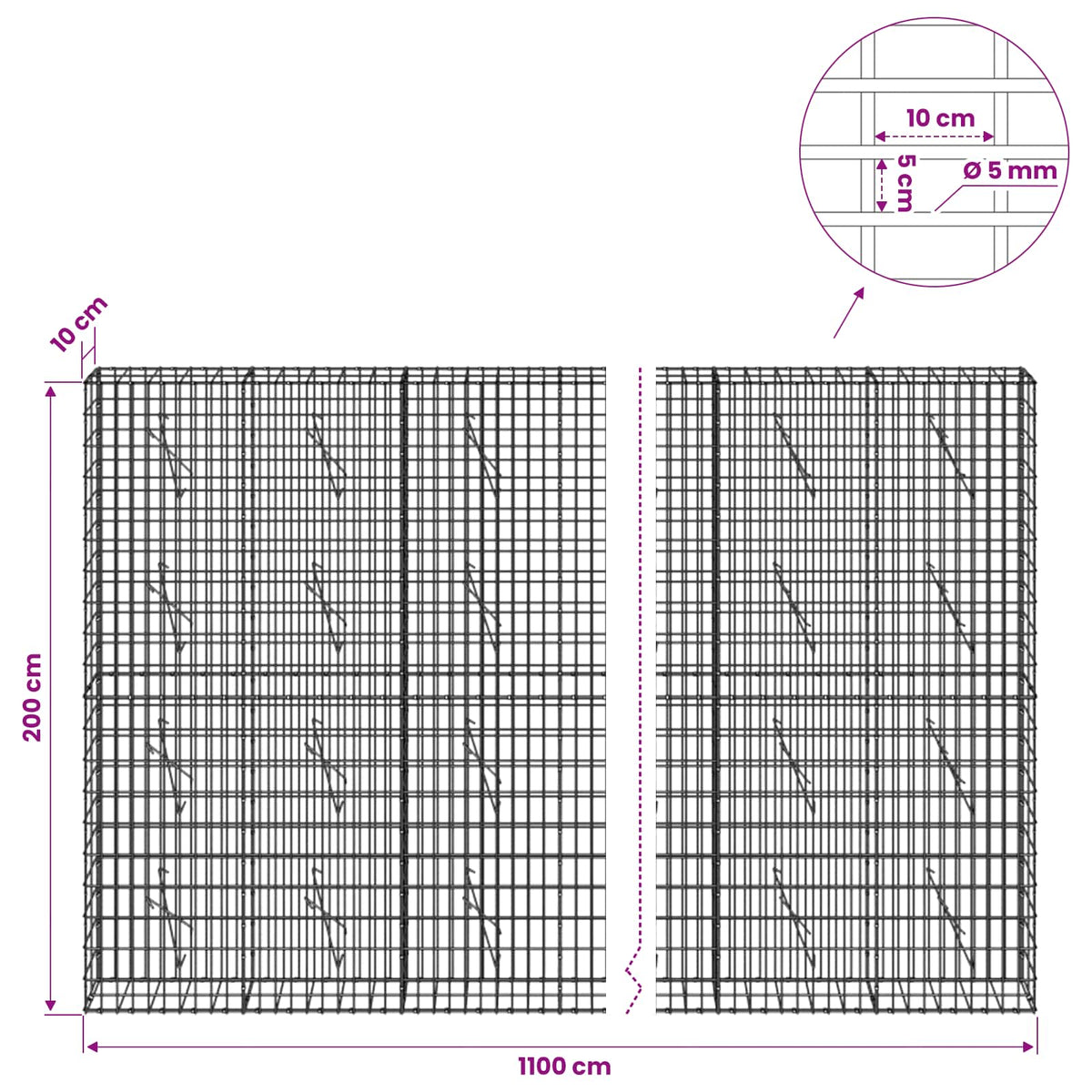 Gabion s žicom debljine 5 mm i mrežom 5x10 cm 1100x10x200 cm