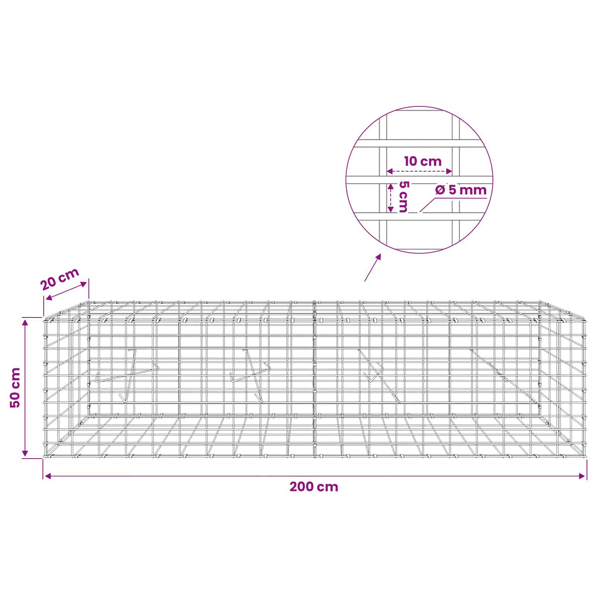 Gabion s žicom debljine 5 mm i mrežom 5x10 cm 200x20x50 cm