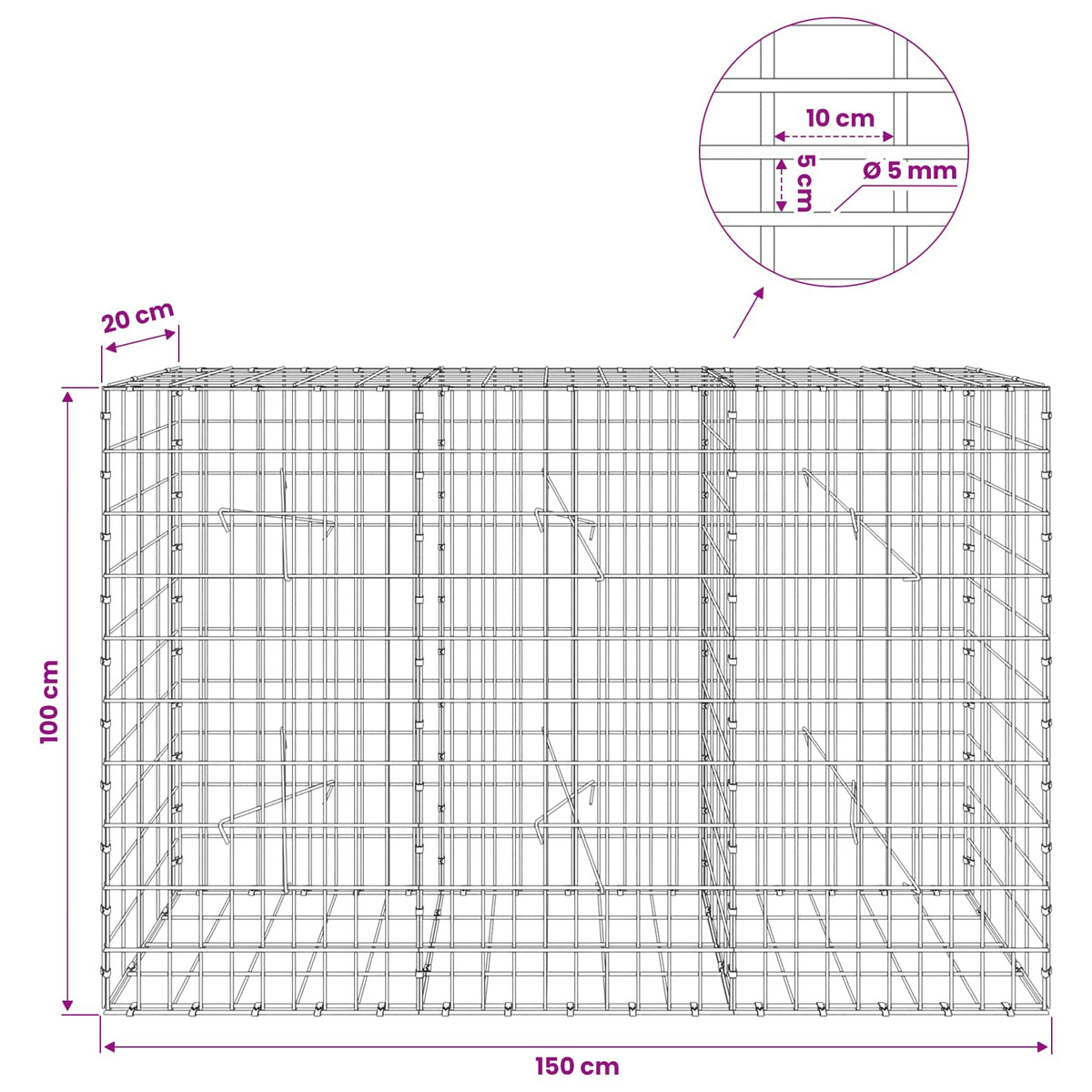 Gabion s žicom debljine 5 mm i mrežom 5x10 cm 150x20x100 cm