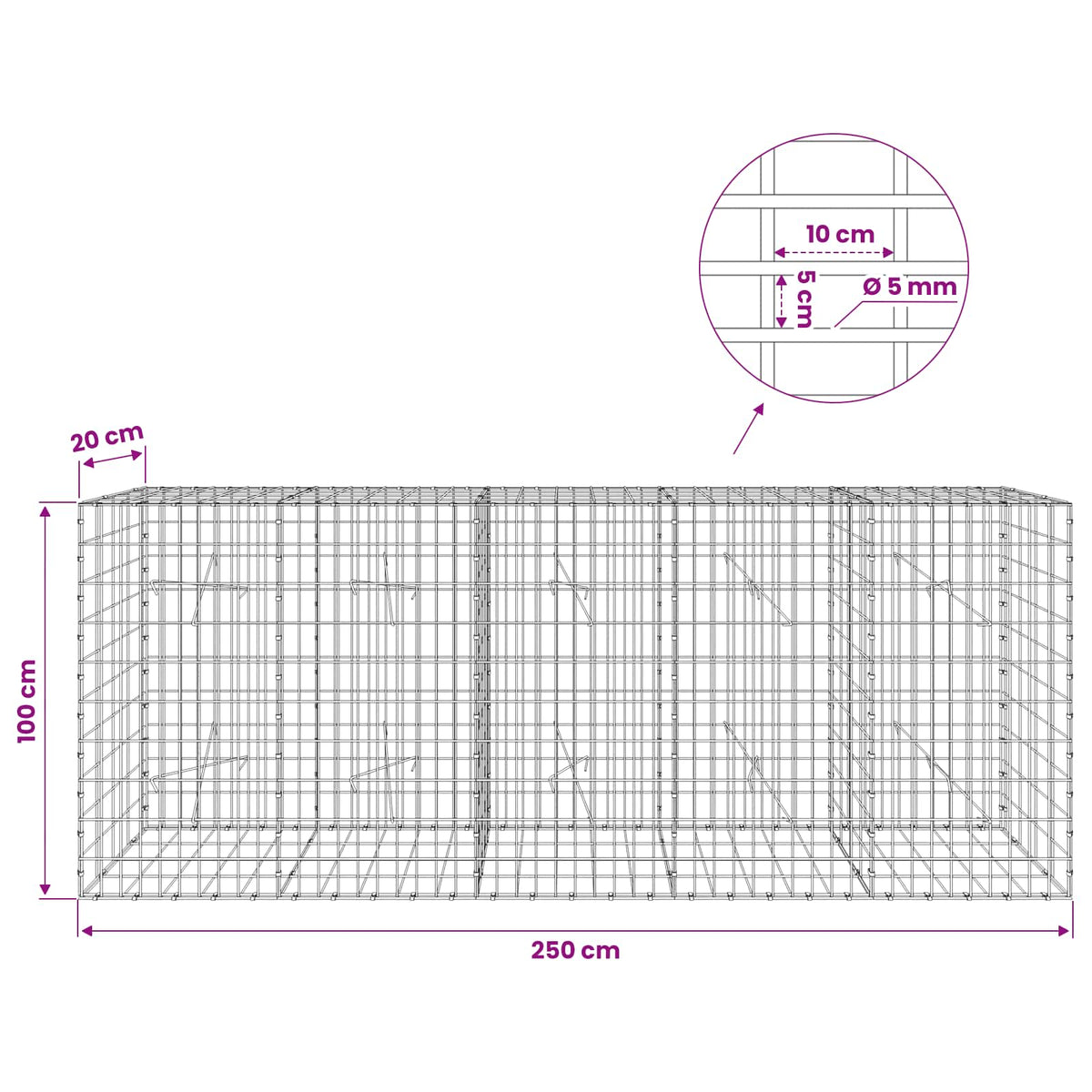 Gabion s žicom debljine 5 mm i mrežom 5x10 cm 250x20x100 cm