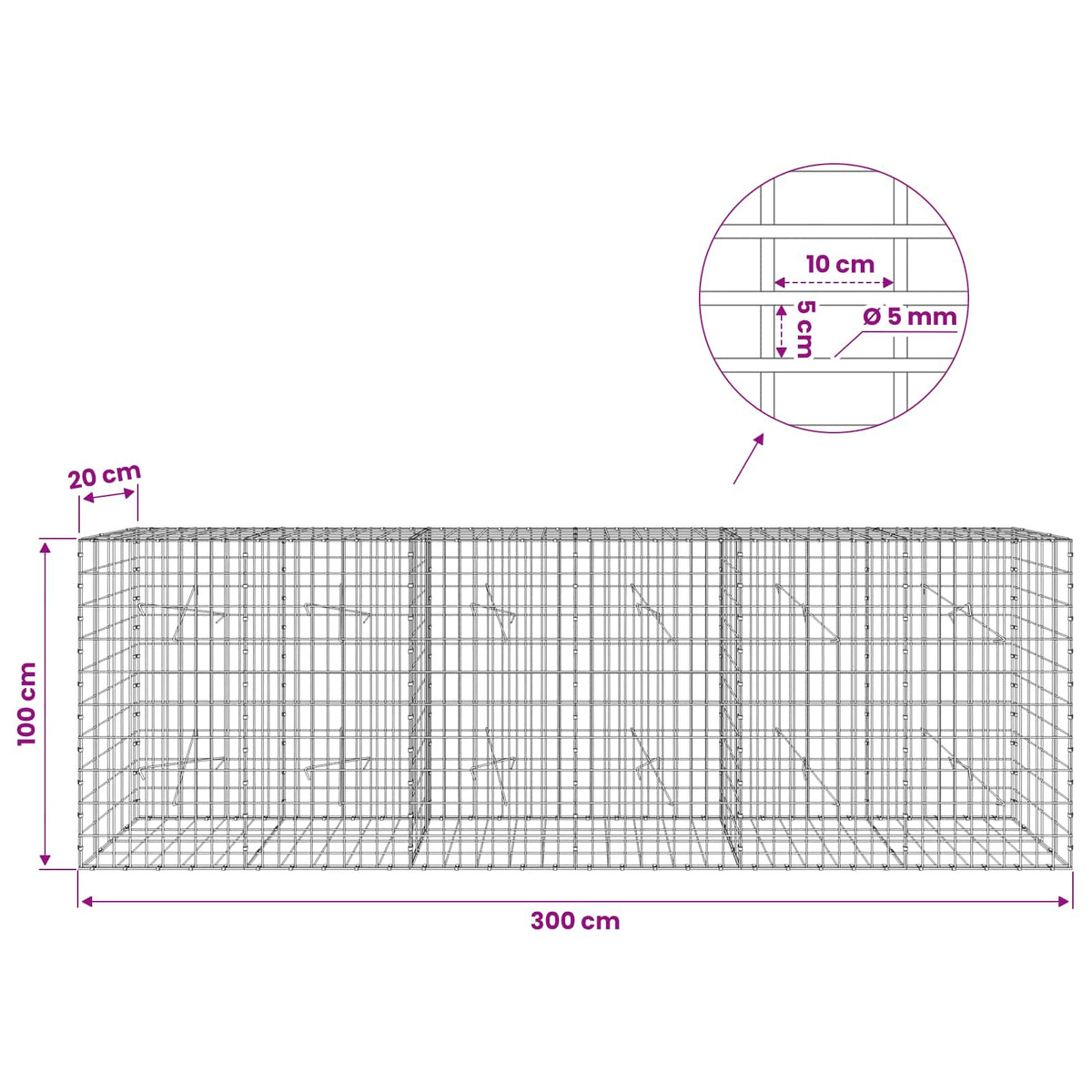 Gabion s žicom debljine 5 mm i mrežom 5x10 cm 300x20x100 cm