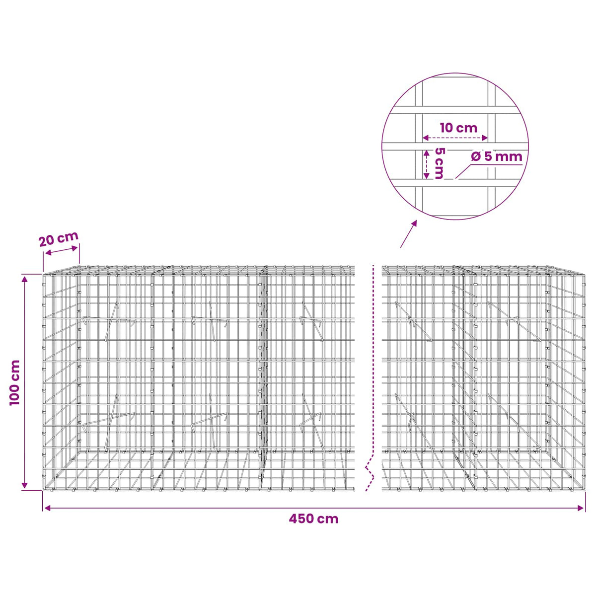 Gabion s žicom debljine 5 mm i mrežom 5x10 cm 450x20x100 cm