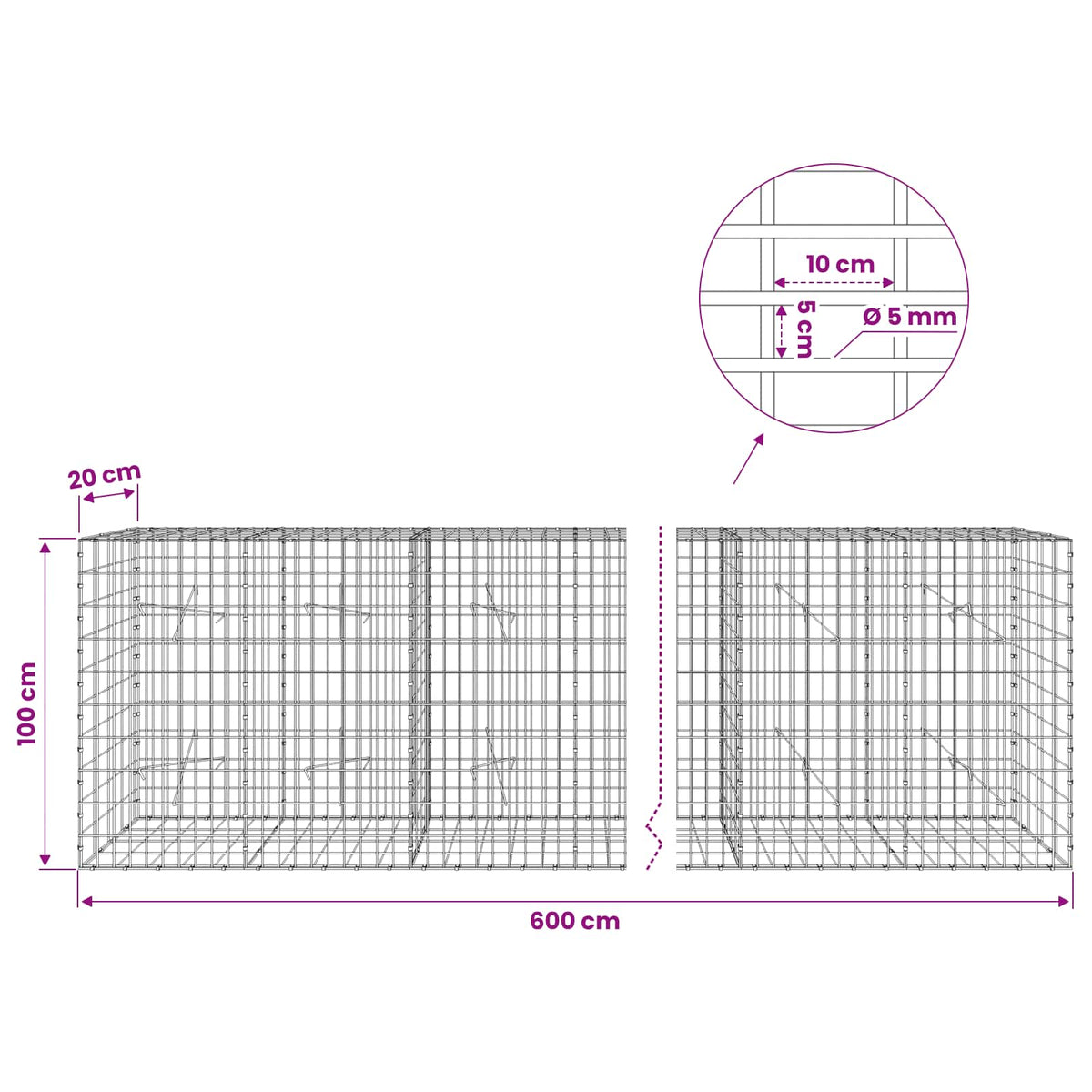 Gabion s žicom debljine 5 mm i mrežom 5x10 cm 600x20x100 cm