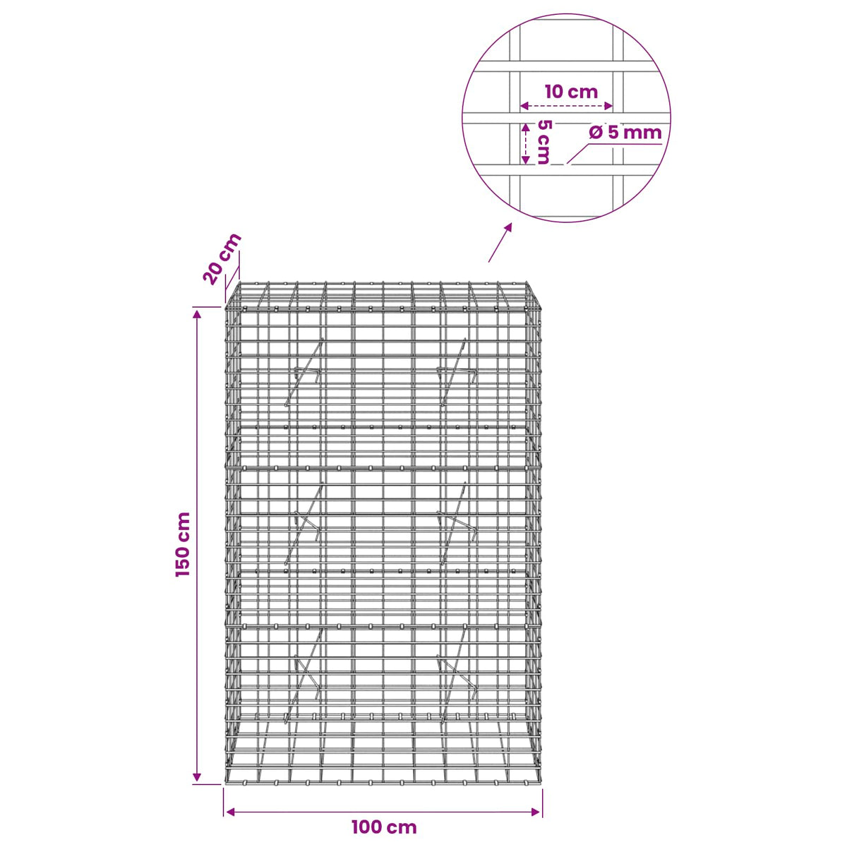 Gabion s žicom debljine 5 mm i mrežom 5x10 cm 100x20x150 cm