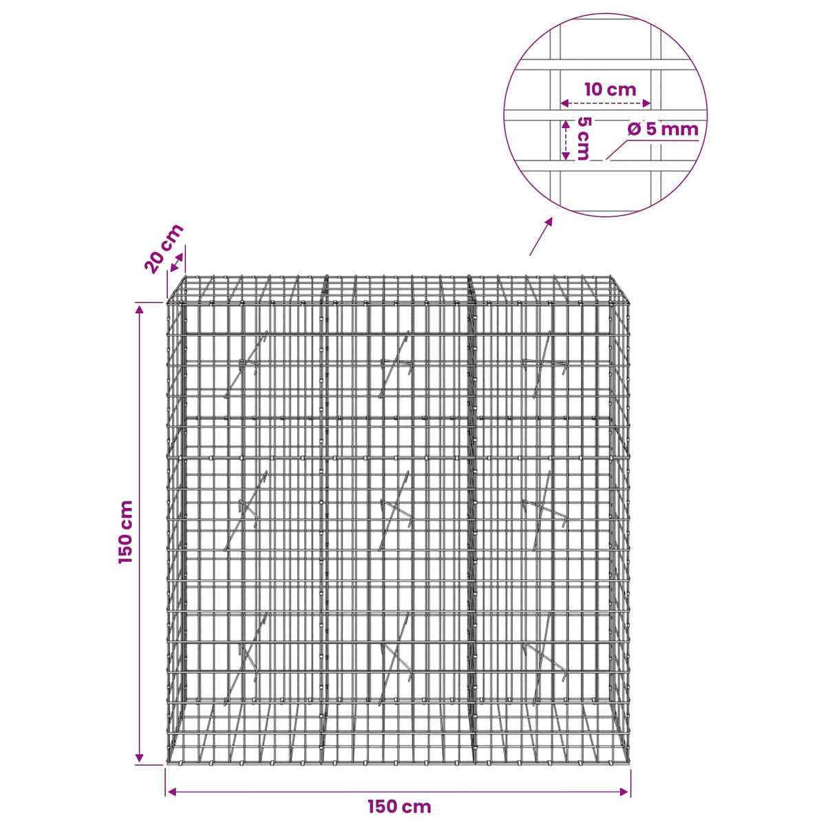 Gabion s žicom debljine 5 mm i mrežom 5x10 cm 150x20x150 cm