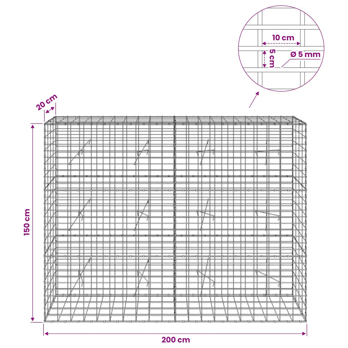 Gabion s žicom debljine 5 mm i mrežom 5x10 cm 200x20x150 cm