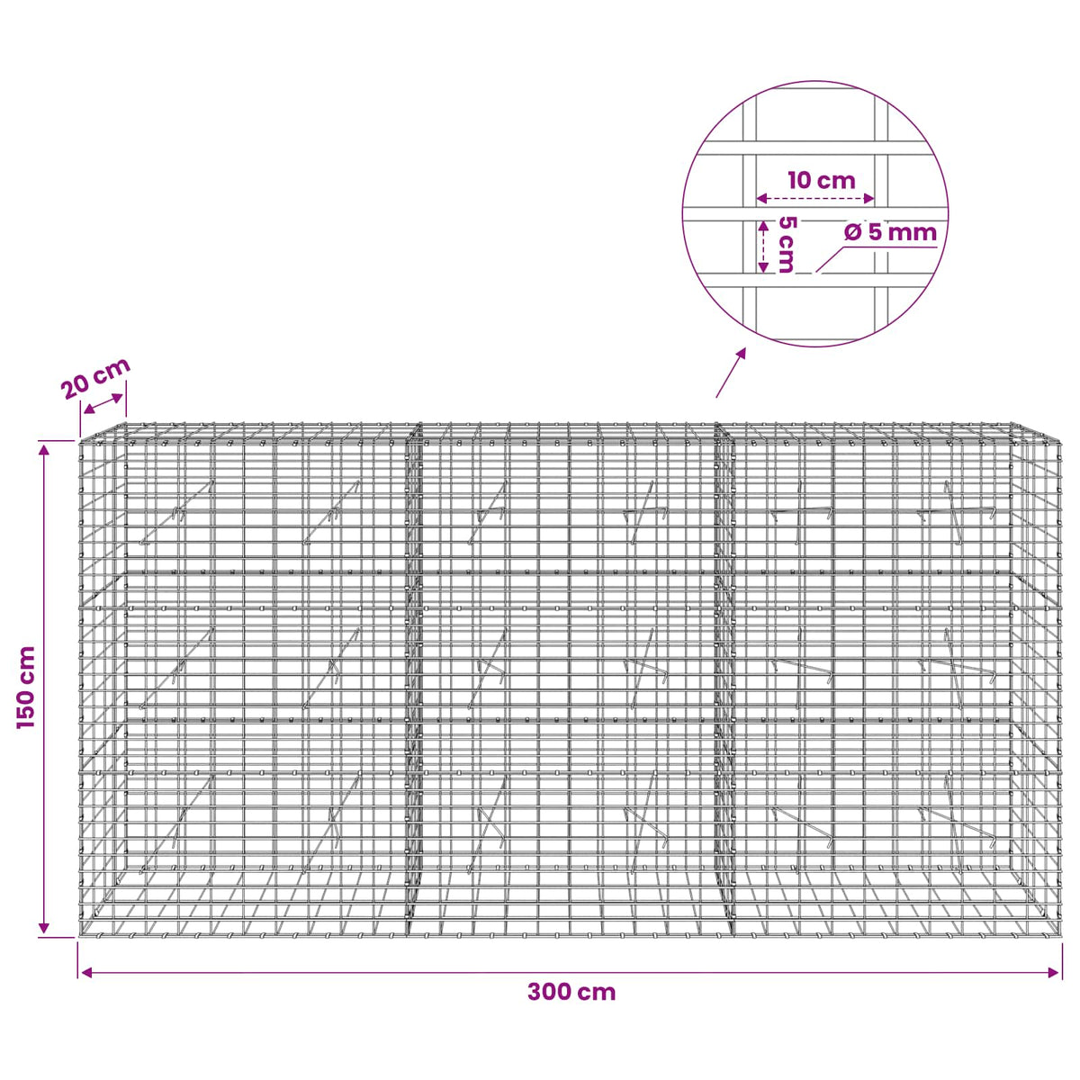 Gabion s žicom debljine 5 mm i mrežom 5x10 cm 300x20x150 cm