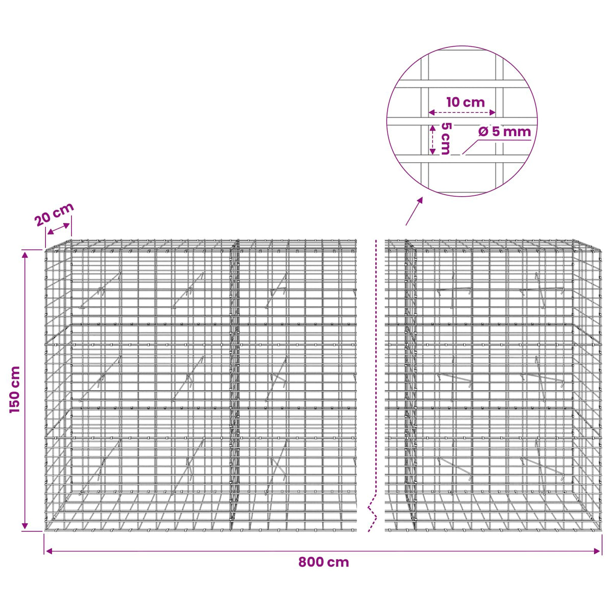 Gabion s žicom debljine 5 mm i mrežom 5x10 cm 800x20x150 cm