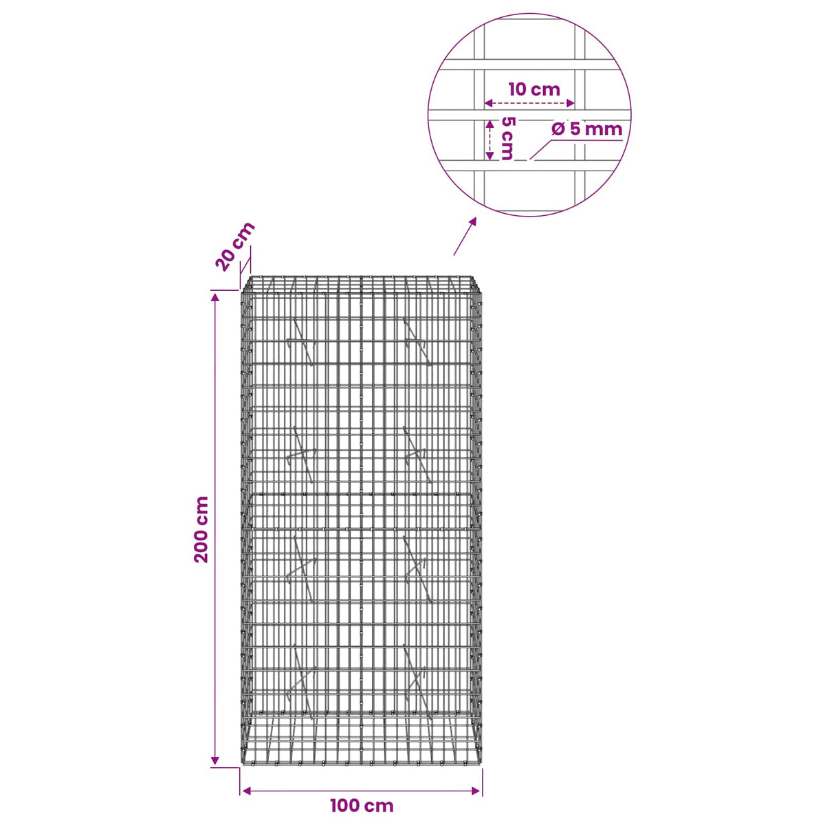 Gabion s žicom debljine 5 mm i mrežom 5x10 cm 100x20x200 cm