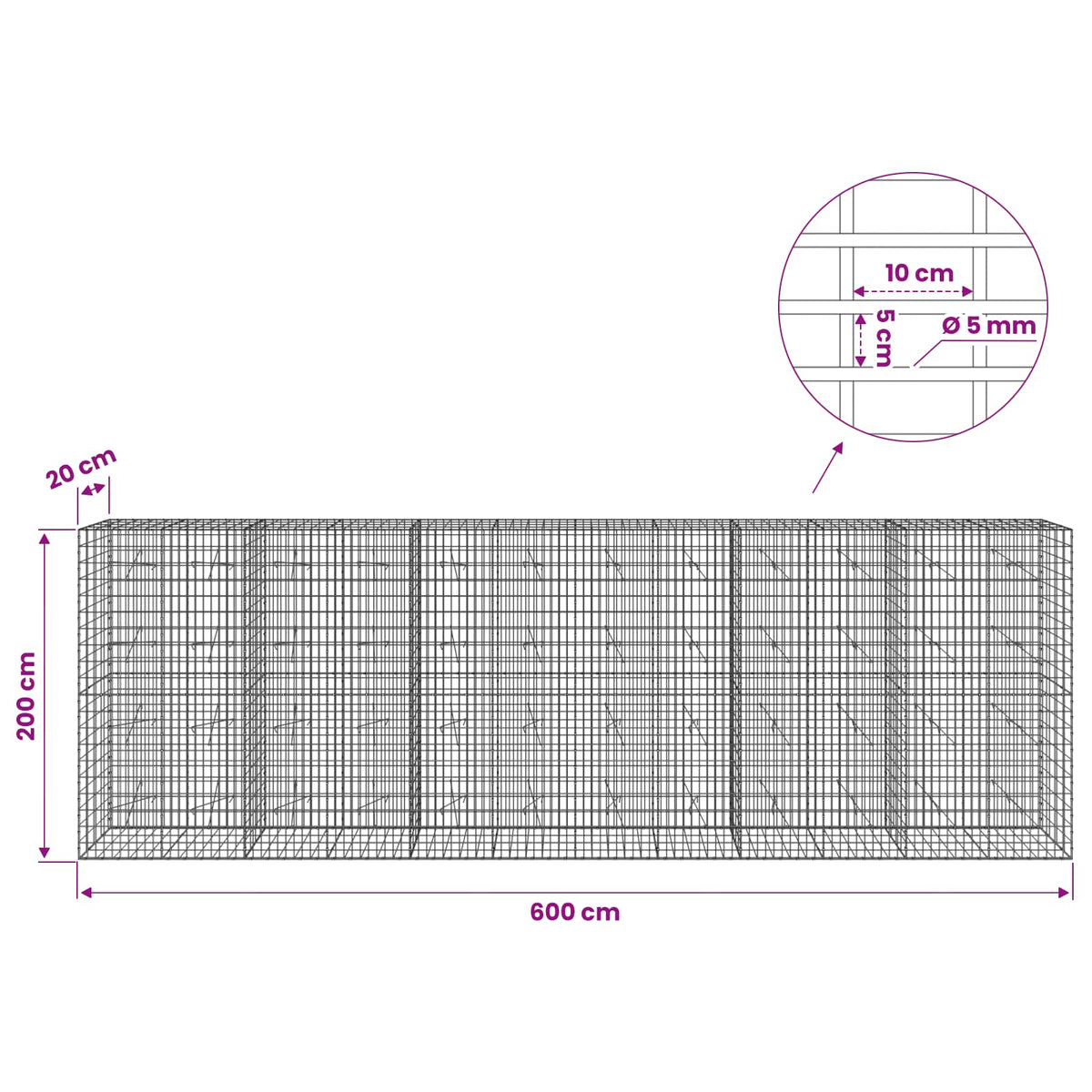 Gabion s žicom debljine 5 mm i mrežom 5x10 cm 600x20x200 cm