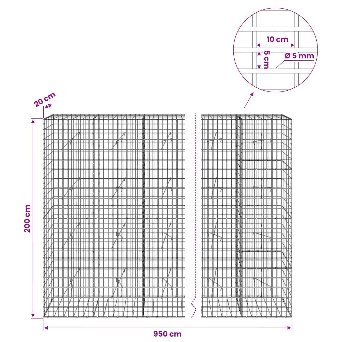 Gabion s žicom debljine 5 mm i mrežom 5x10 cm 950x20x200 cm