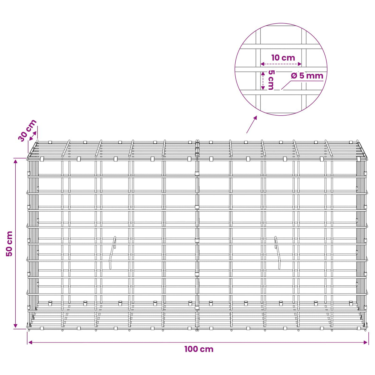 Gabion s žicom debljine 5 mm i mrežom 5x10 cm 100x30x50 cm
