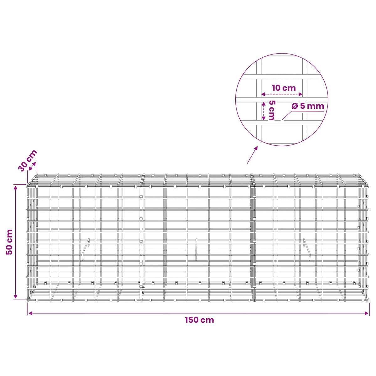 Gabion s žicom debljine 5 mm i mrežom 5x10 cm 150x30x50 cm