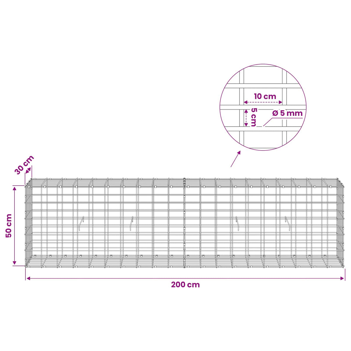 Gabion s žicom debljine 5 mm i mrežom 5x10 cm 200x30x50 cm