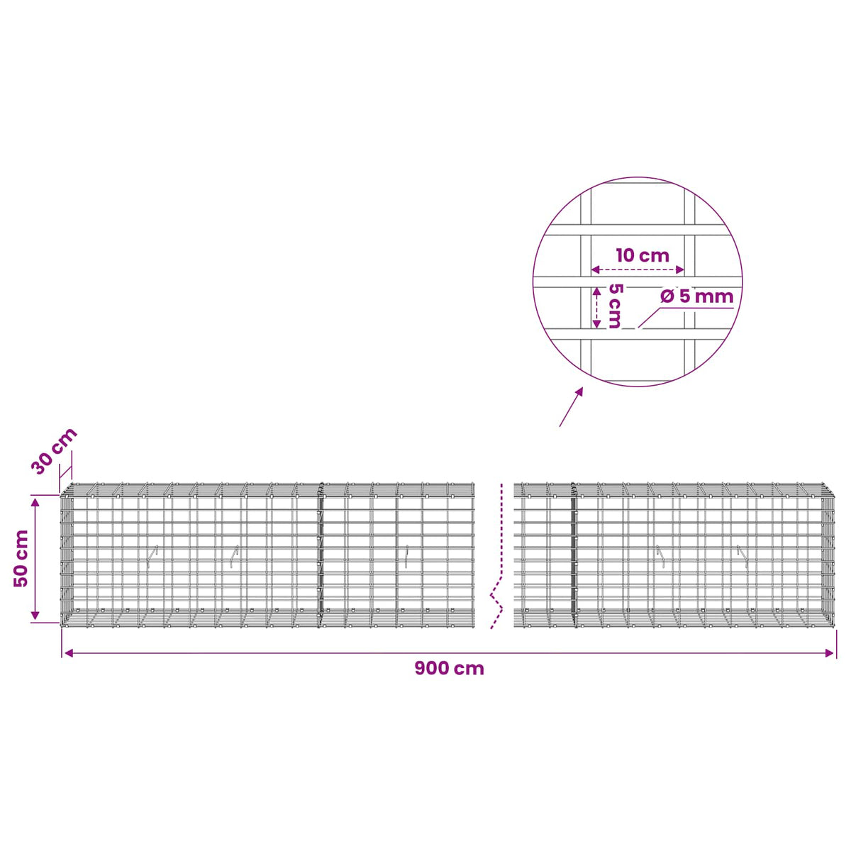 Gabion s žicom debljine 5 mm i mrežom 5x10 cm 900x30x50 cm