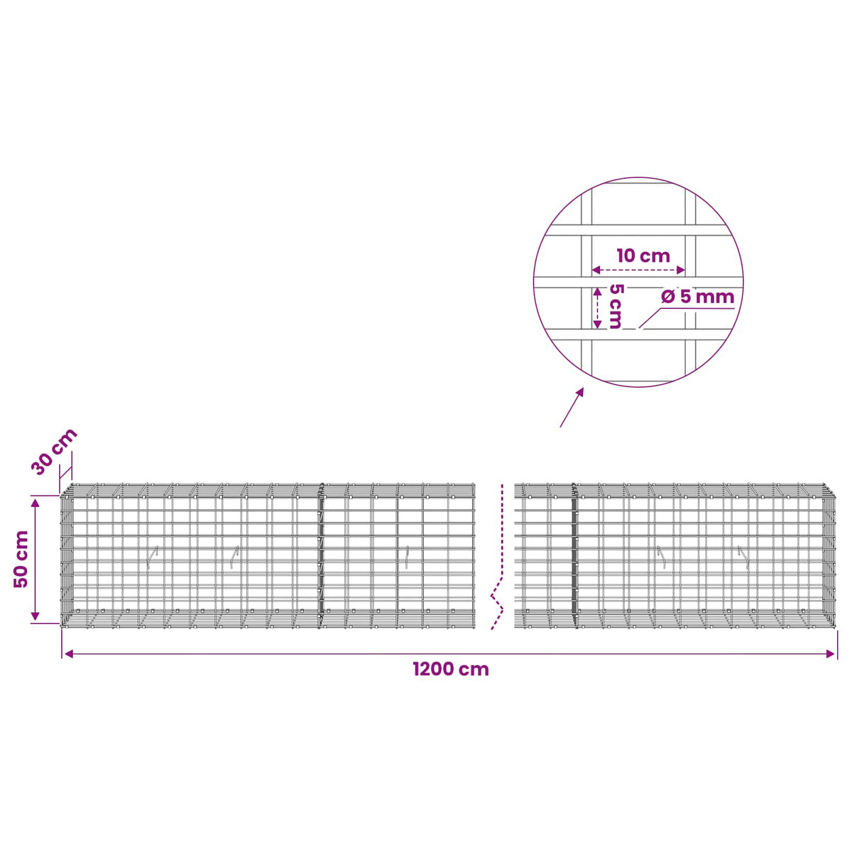 Gabion s žicom debljine 5 mm i mrežom 5x10 cm 1200x30x50 cm