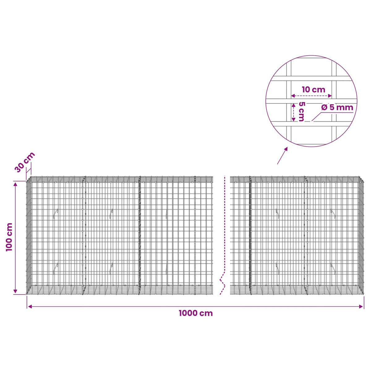 Gabion s žicom debljine 5 mm i mrežom 5x10 cm 1000x30x100 cm