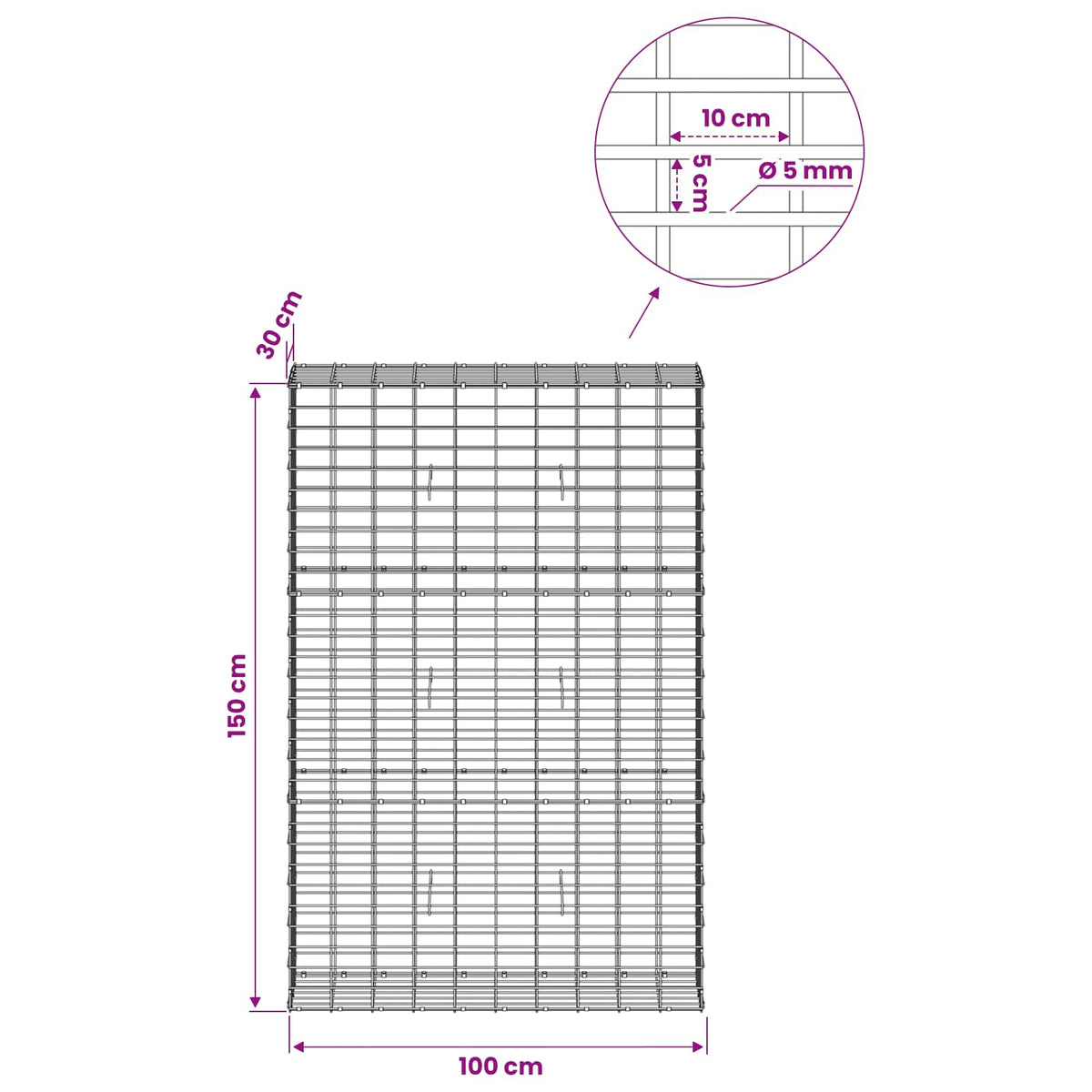 Gabion s žicom debljine 5 mm i mrežom 5x10 cm 100x30x150 cm