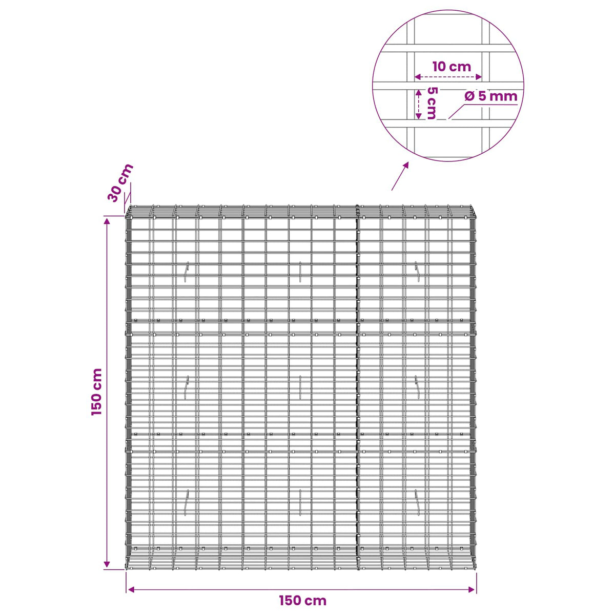 Gabion s žicom debljine 5 mm i mrežom 5x10 cm 150x30x150 cm