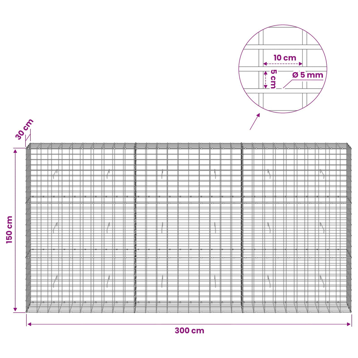 Gabion s žicom debljine 5 mm i mrežom 5x10 cm 300x30x150 cm